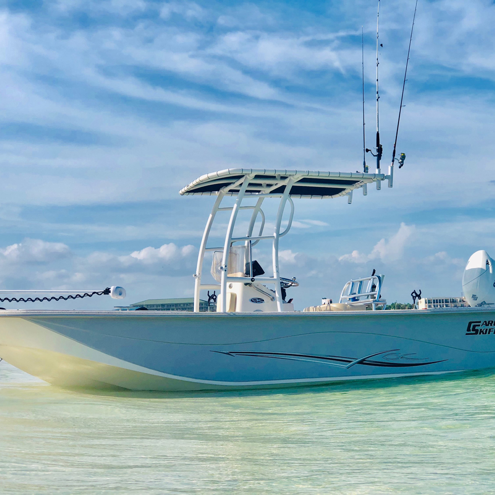 Fishmaster Pro T-Top weiß mit blauem Segeltuch 7